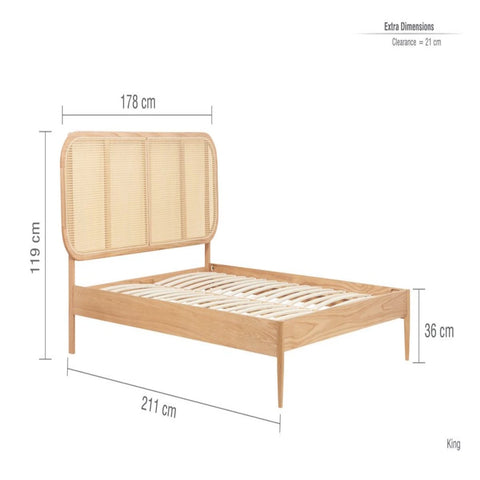 Detailed bed frame measurements with headboard height information.
