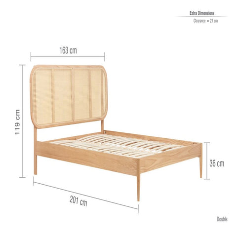 Detailed bed frame measurements with headboard height information.