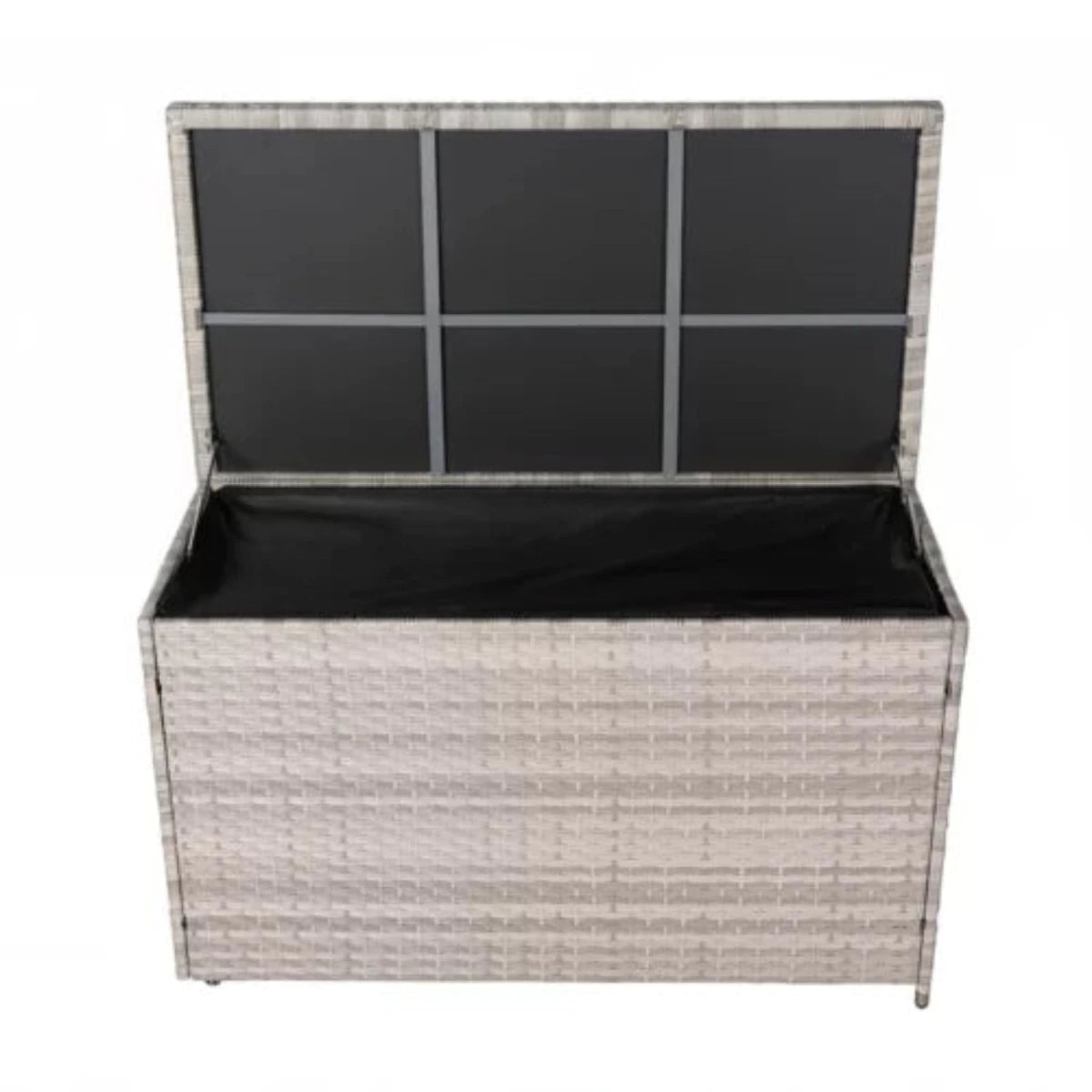 Modern garden storage chest with rattan-style finish.