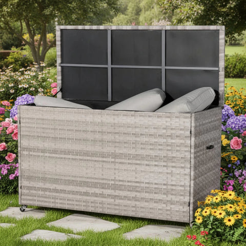 Spacious storage box for cushions, blankets, and garden items.