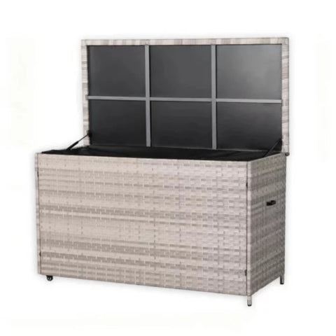 Modern garden storage chest with rattan-style finish.