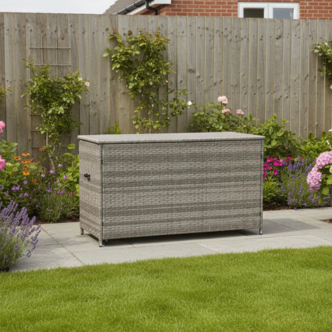 Rivanta rattan garden storage box with spacious outdoor capacity.