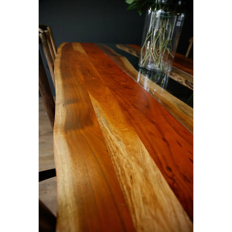 River Live Edge Acacia Wood & Glass Dining Table – 240cm - Pendle Village Furniture