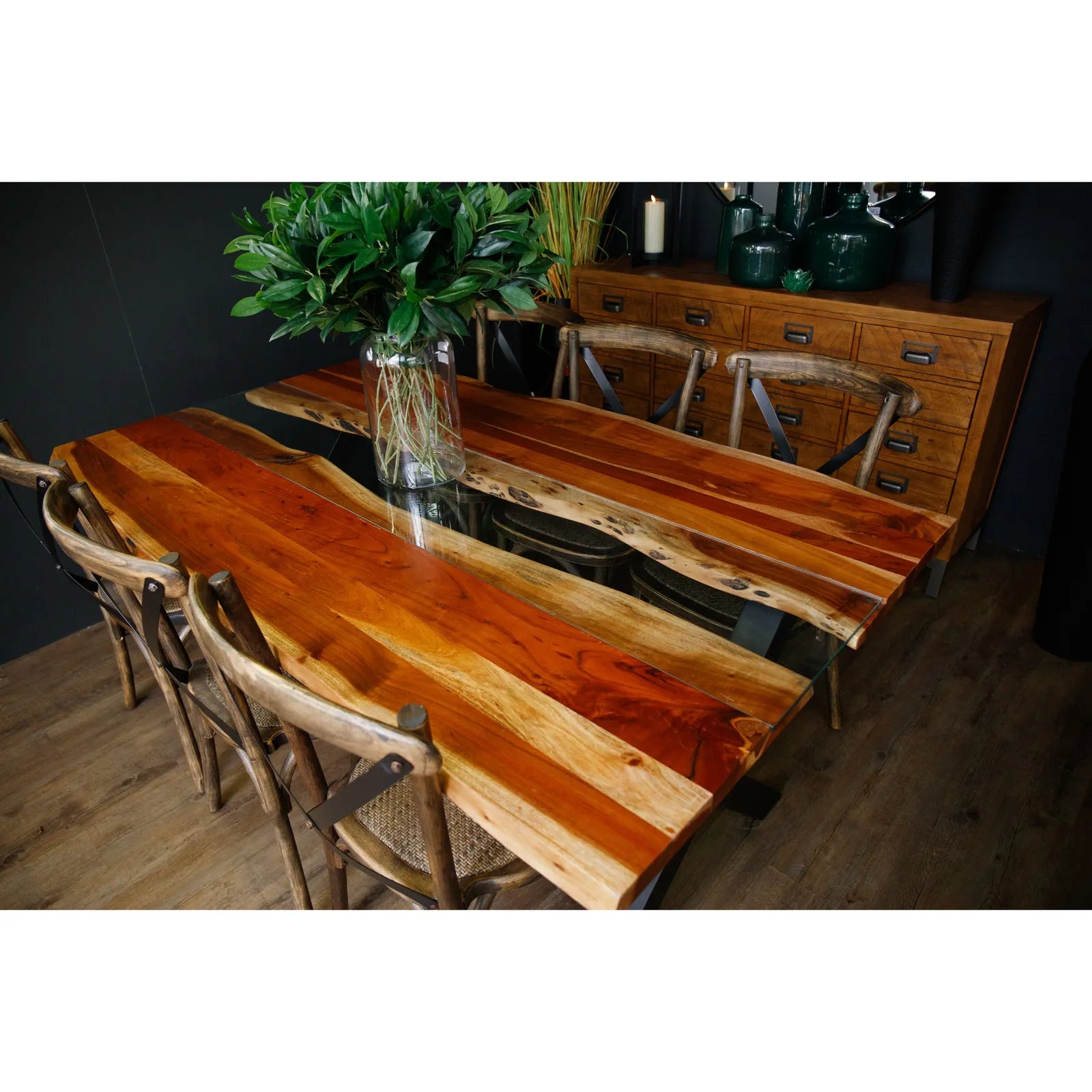 River Live Edge Acacia Wood & Glass Dining Table – 240cm - Pendle Village Furniture