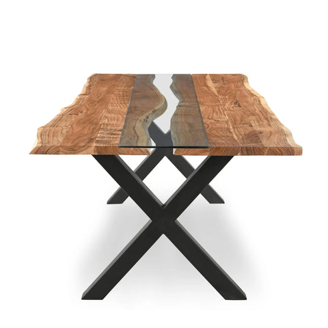 River Live Edge Acacia Wood & Glass Dining Table – 240cm - Pendle Village Furniture