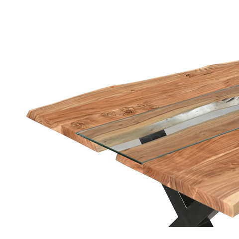 River Live Edge Acacia Wood & Glass Dining Table – 240cm - Pendle Village Furniture