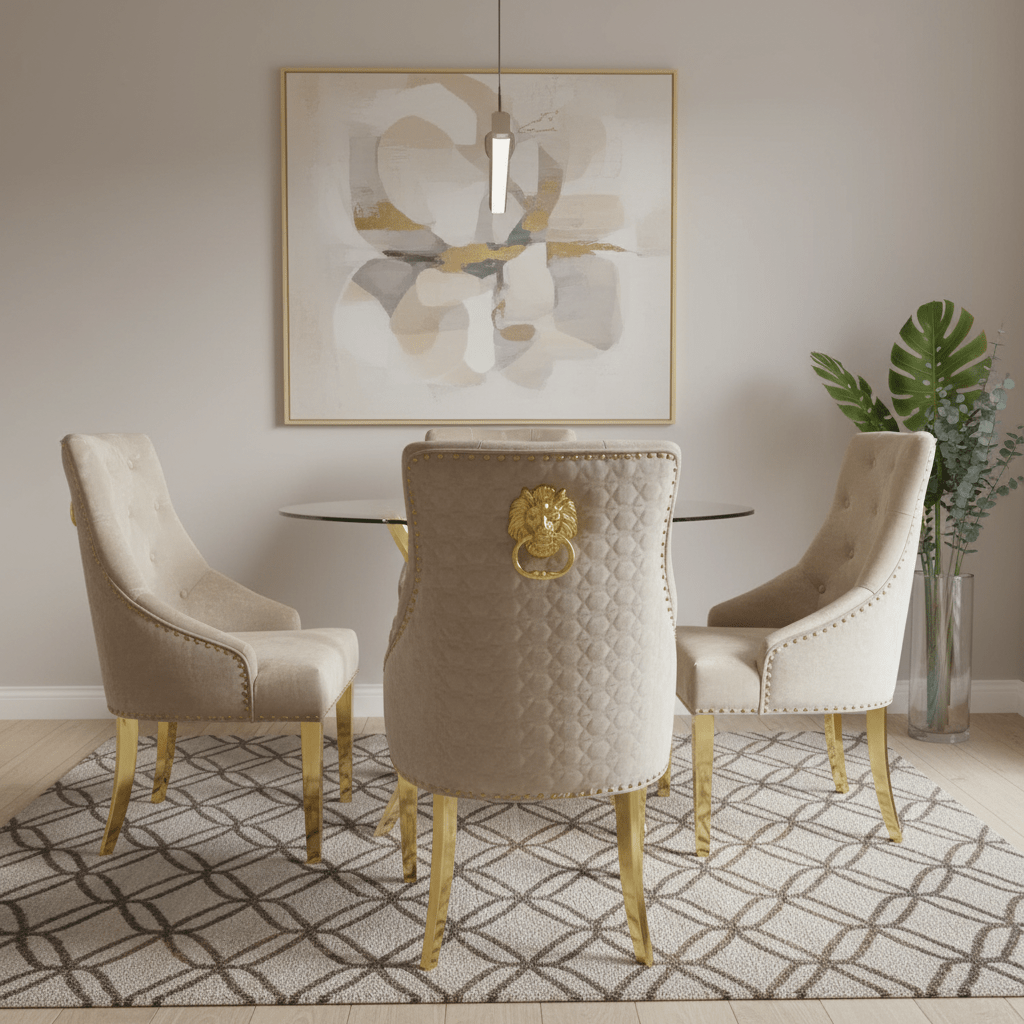 Roma Mink Lion Knocker Set of 4 Dining Chairs - Gold Legs