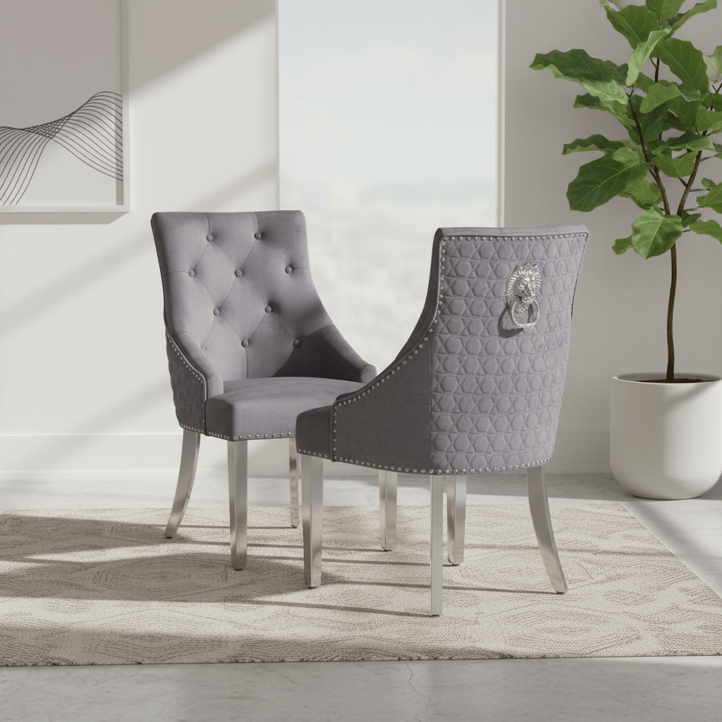Roma Dark Grey Velvet Lion Knocker Back Set of 4 Dining Chairs
