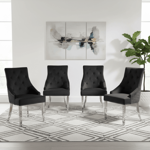 Roma Black Velvet Lion Knocker Back Set of 4 Dining Chairs