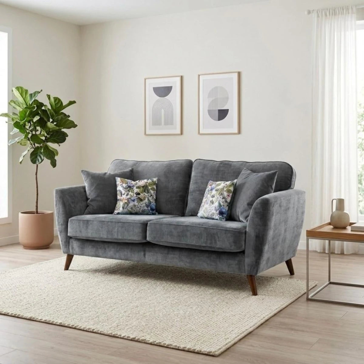 3 seater velvet sofa with deep cushions and classic style.