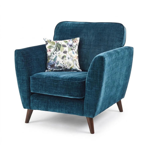 Modern velvet chair with supportive seating and wooden legs.