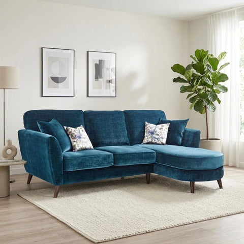 Rome Maeve high back sofa chaise with velvet upholstery and elegant design.