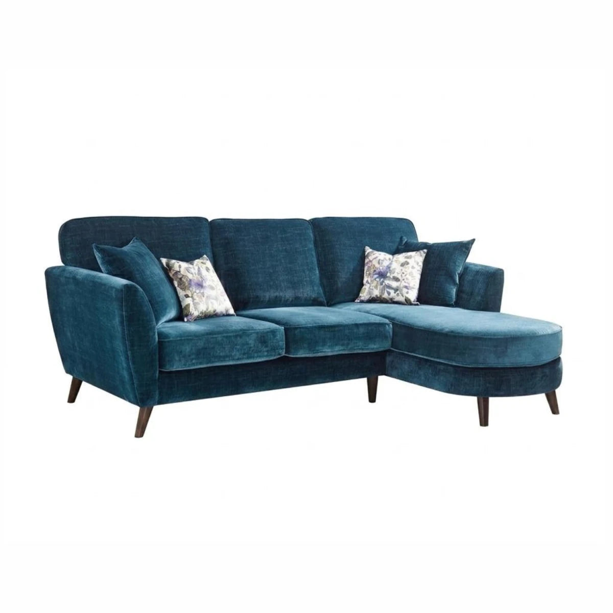 Modern chaise sofa with velvet fabric and classic high back style.