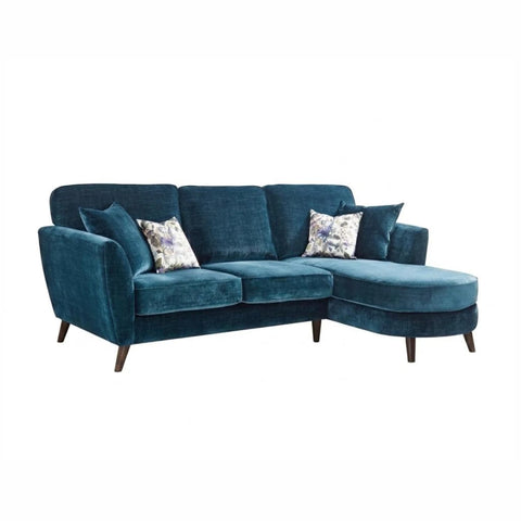 Modern chaise sofa with velvet fabric and classic high back style.