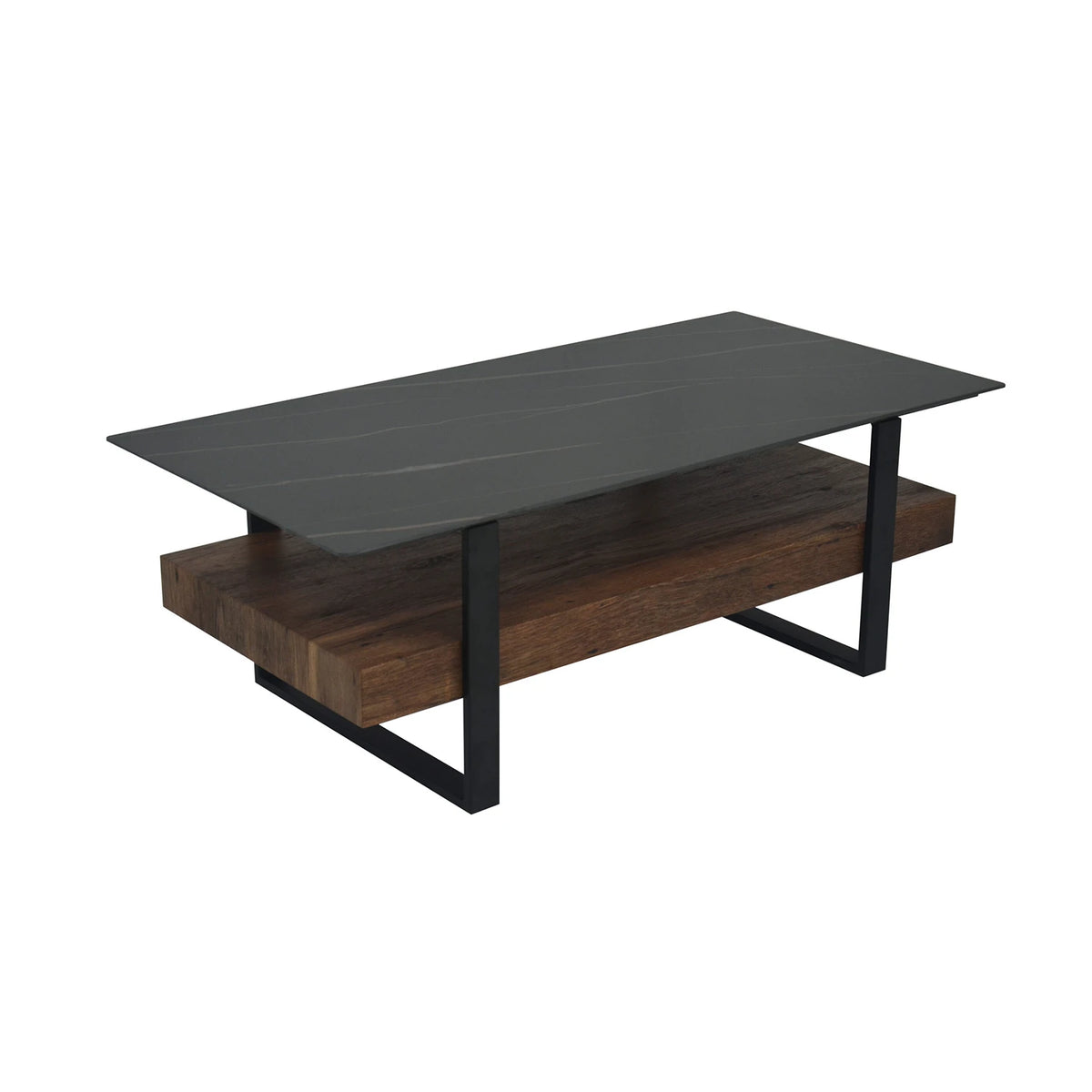 Coffee table with black top and wooden shelf on a white background