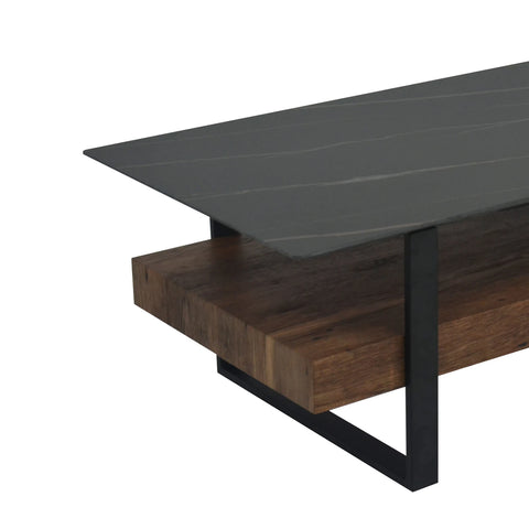 Close up of Root Coffee Table with Sintered Stone Top & Rustic Shelf 120cm