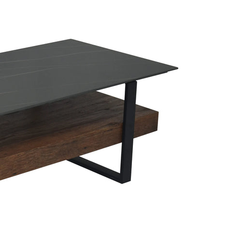 Two-level coffee table with dark gray top and wooden shelf on a white background