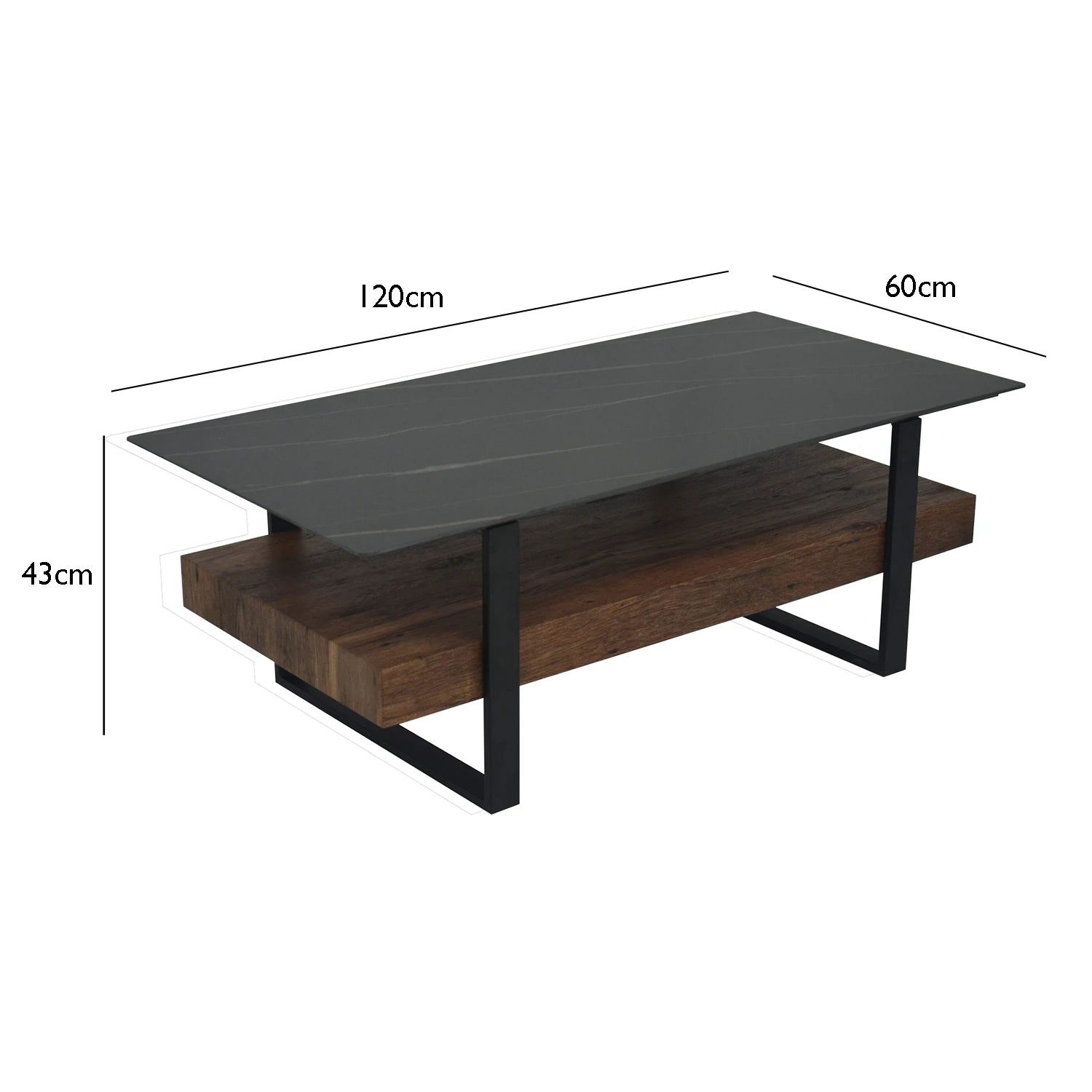 Root Coffee Table with Sintered Stone Top & Rustic Shelf –  with dimensions labeled on a white background