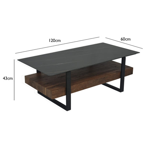Root Coffee Table with Sintered Stone Top & Rustic Shelf –  with dimensions labeled on a white background
