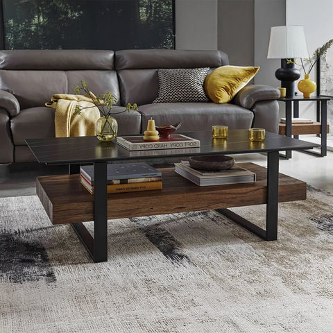 Living room with a Root Coffee Table with Sintered Stone Top & Rustic Shelf – 120cm