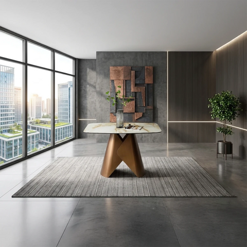 Shop the Rosa 120cm dining table with brass sculptural base and Pandora Classico stone top. Luxury compact dining table.