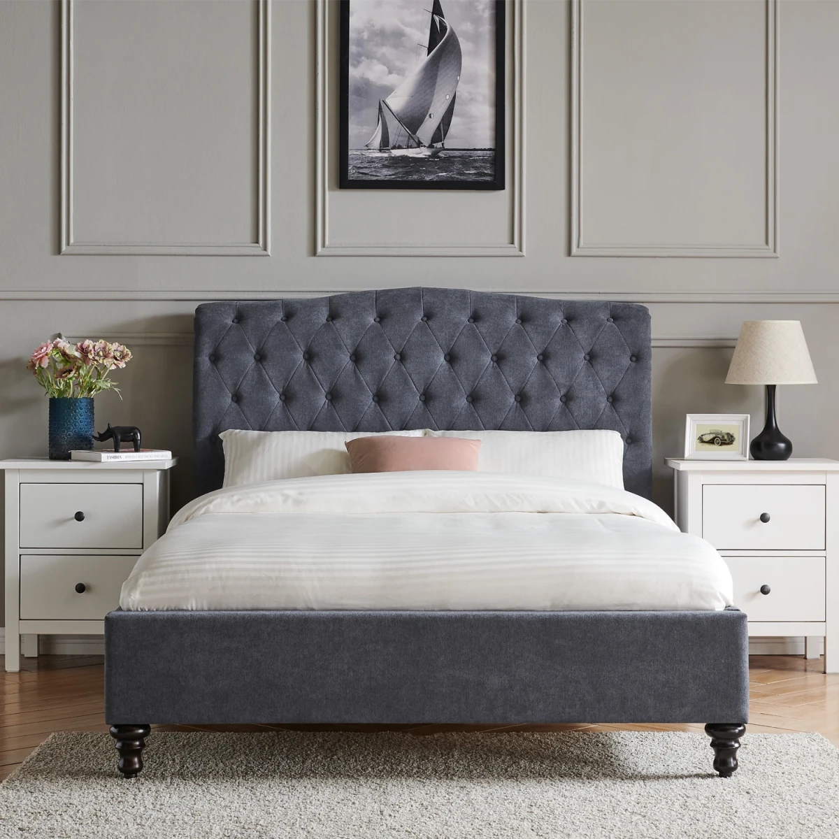 Rosaria Elite Bed. Dark grey fabric bed available in multiple colours and sizes from Single up to Super-king.