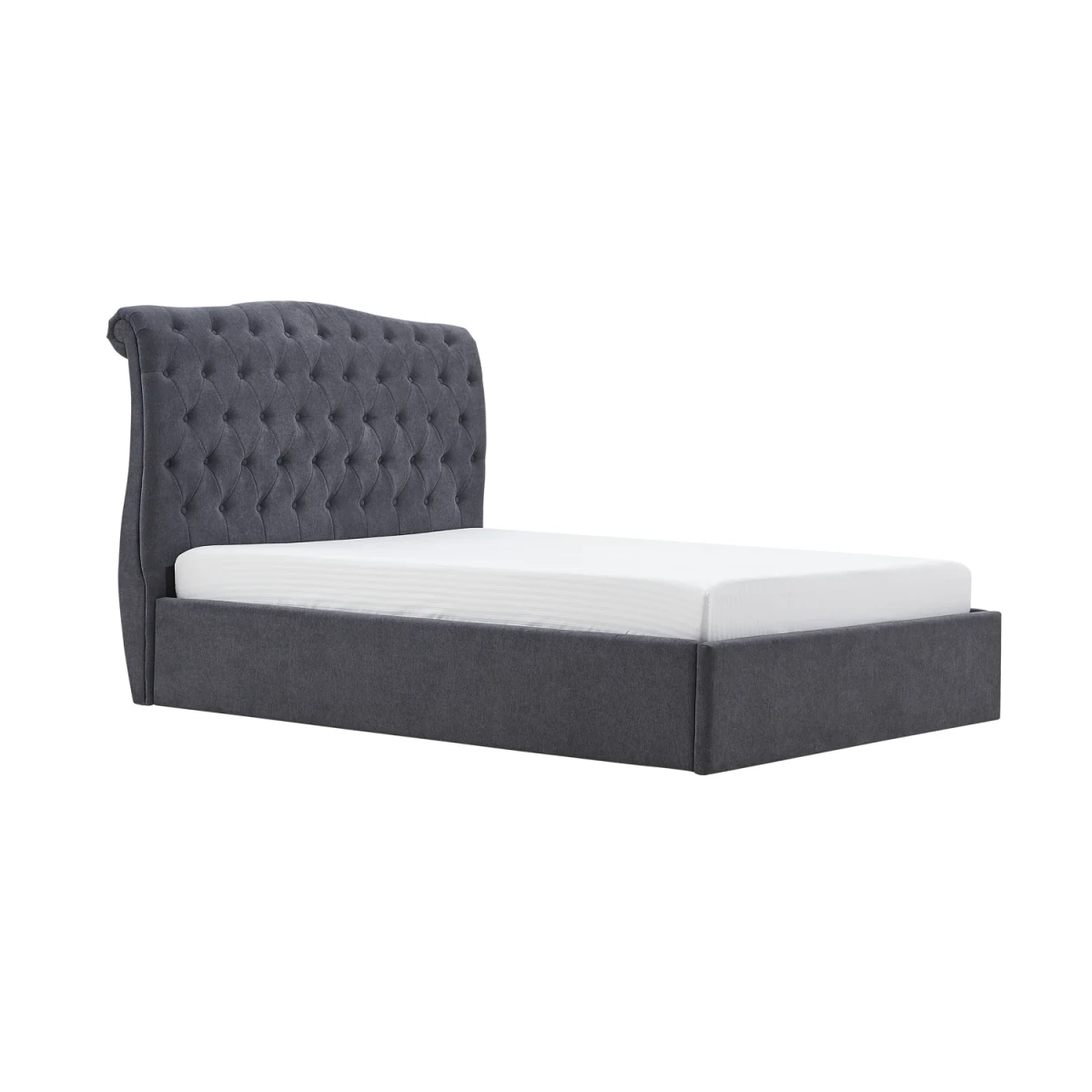 Rosina Storage Luxe Bed - A dark grey upholstered bed frame with a tall, tufted headboard. 