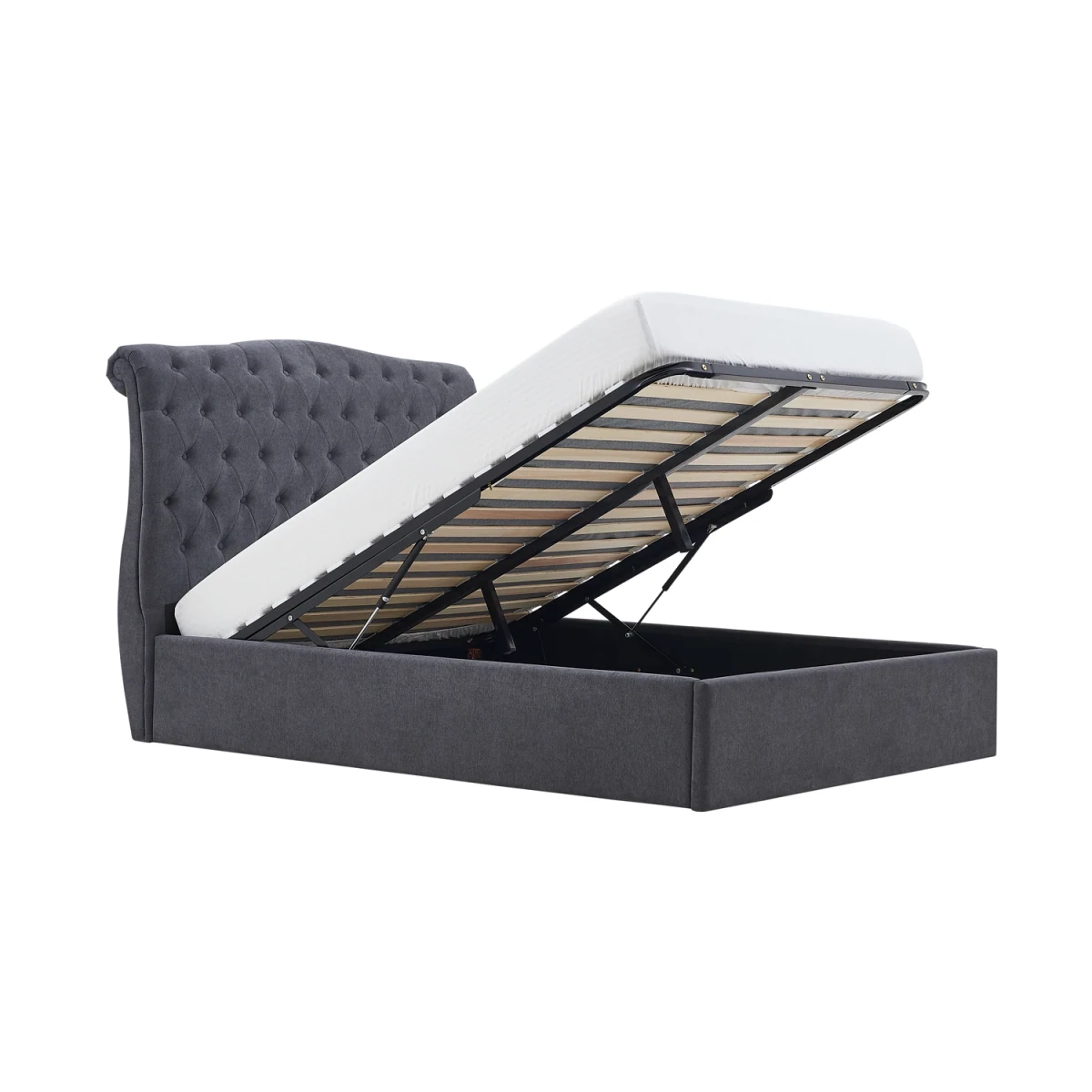 Rosina Storage Luxe Bed - Grey upholstered bed frame with open storage ottoman base