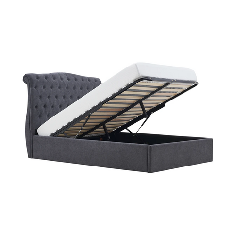 Rosina Storage Luxe Bed - Grey upholstered bed frame with open storage ottoman base
