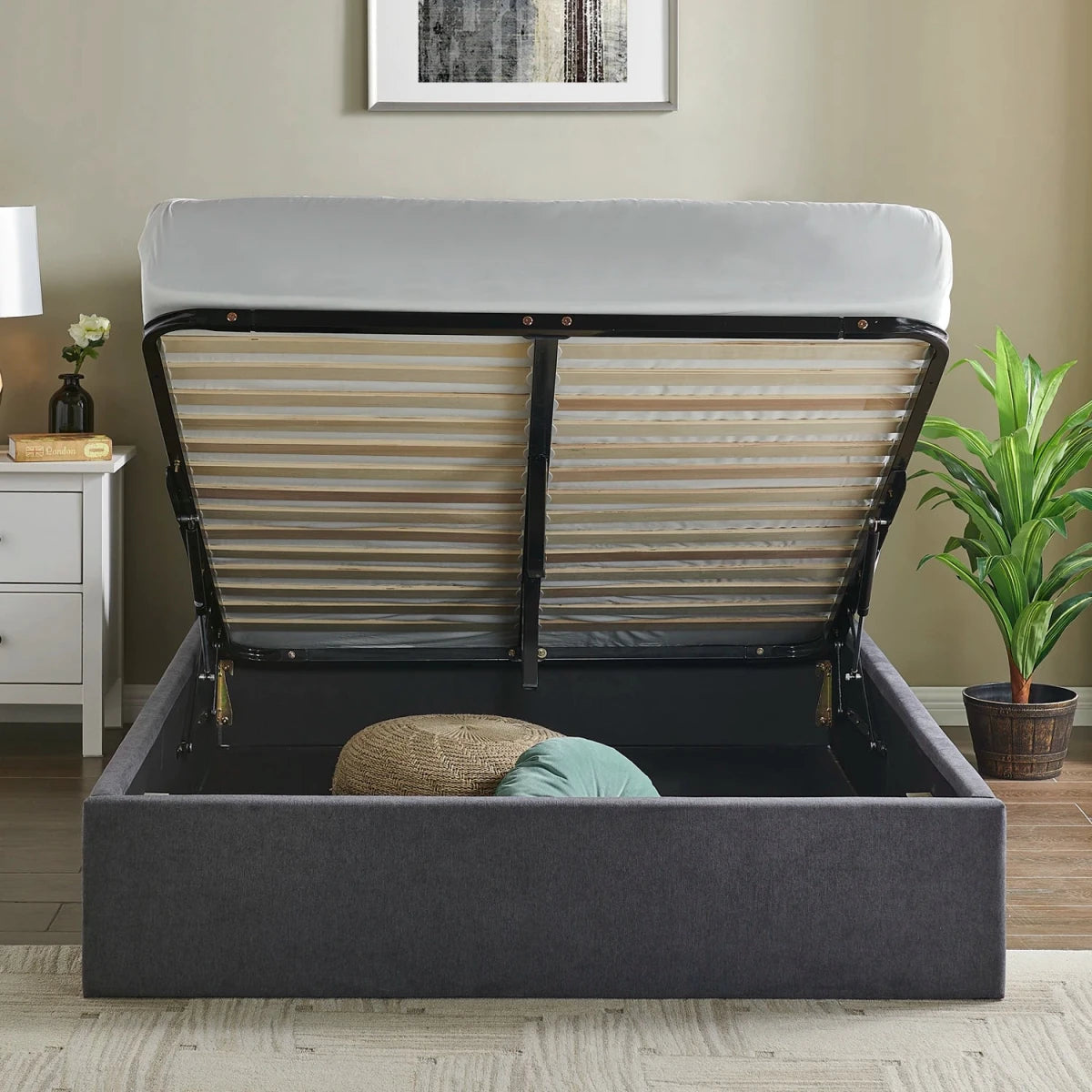 Rosina Storage Luxe Bed showing under bed storage. Available in Dark Grey, Light Grey and Natural Fabric.