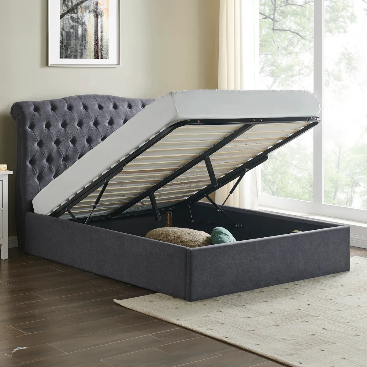Rosina Storage Luxe Bed. Dark Grey Fabric Upholstered Double with Ottoman Base. Also available in Light Grey and Natural fabric