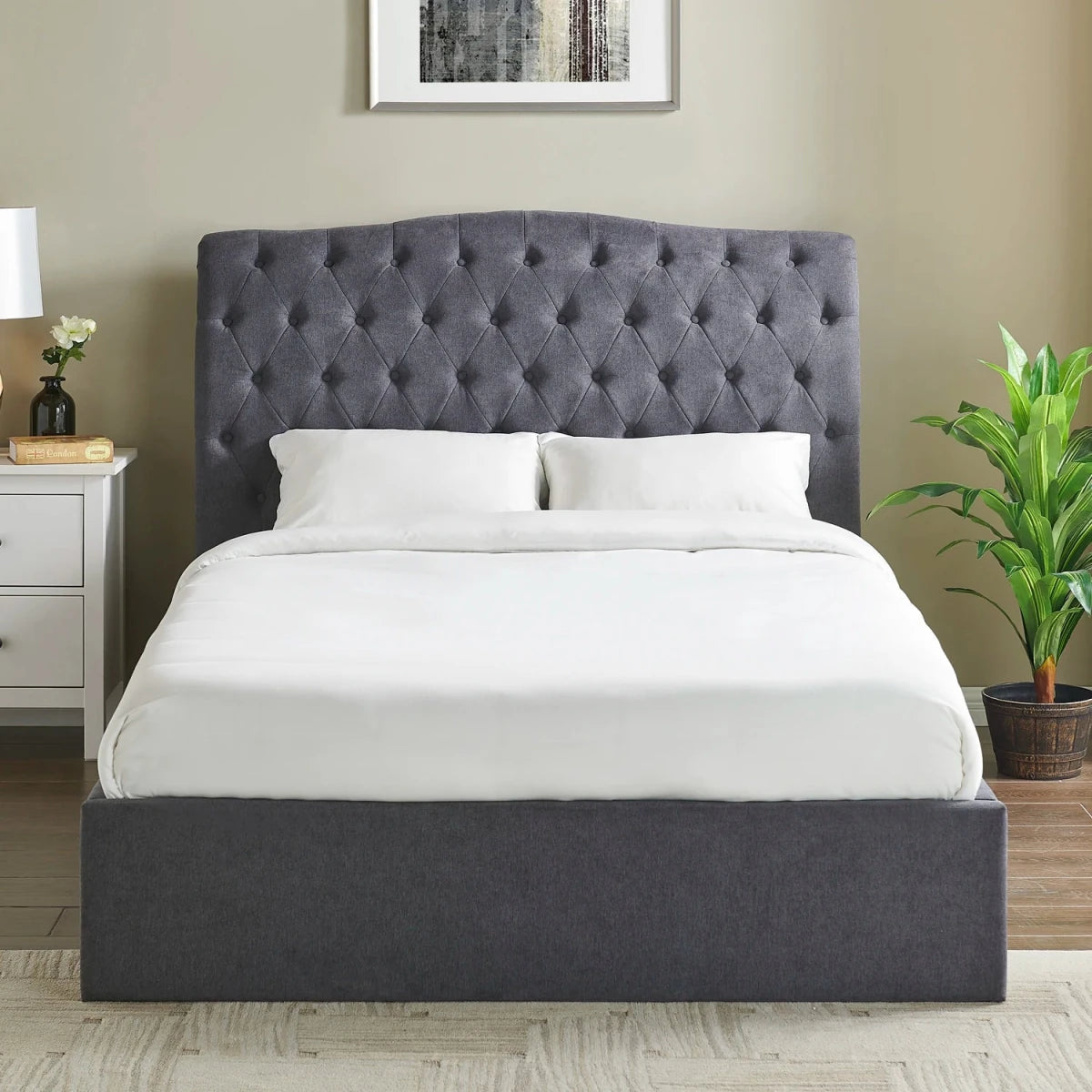 Rosina Storage Luxe Bed. Dark grey upholstered bed frame with a tall, button-tufted headboard and matching footboard. Available in Single, Double and Kingsize.