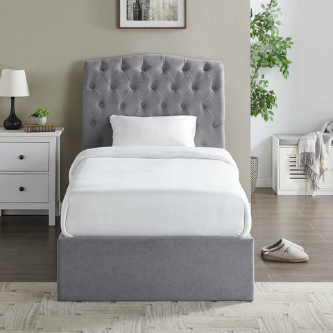 Rosina Storage Luxe Bed. Image shows Light Grey Single Bed with buttoned back headboard and ottoman base.