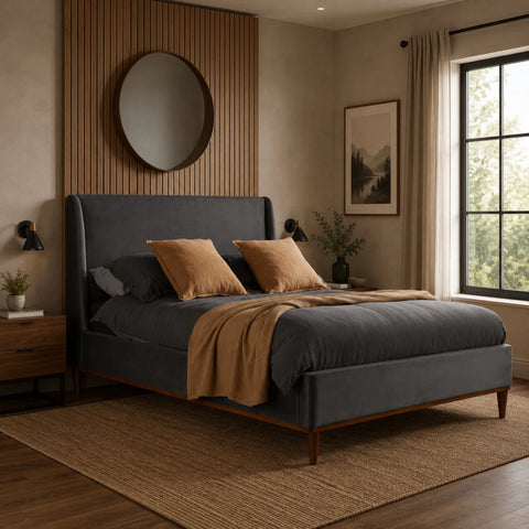 Luxury velvet bed frame with padded headboard and slatted base.
