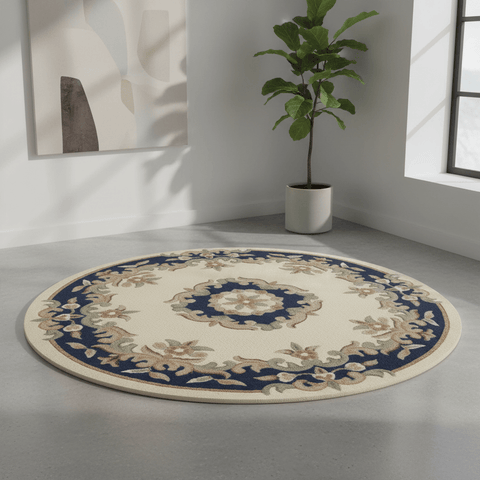 Royal Cream & Blue Round & Half Moon Traditional Hand Tufted Wool Rugs