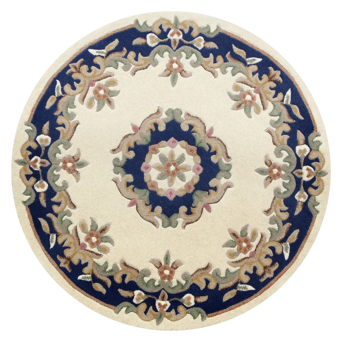 Royal Cream & Blue Round & Half Moon Traditional Hand Tufted Wool Rugs - Pendle Village Furniture