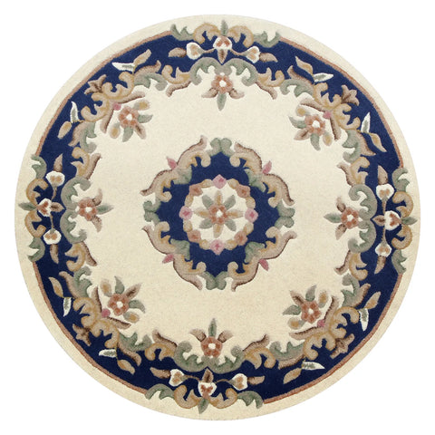 Royal Cream & Blue Round & Half Moon Traditional Hand Tufted Wool Rugs - Pendle Village Furniture
