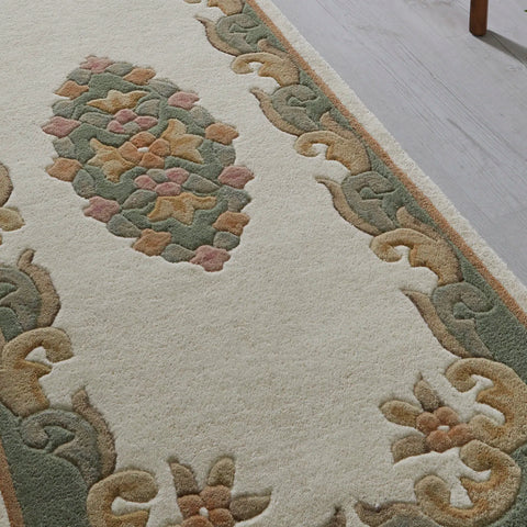 Royal Cream and Green Wool Traditional Runner Rug - Pendle Village Furniture