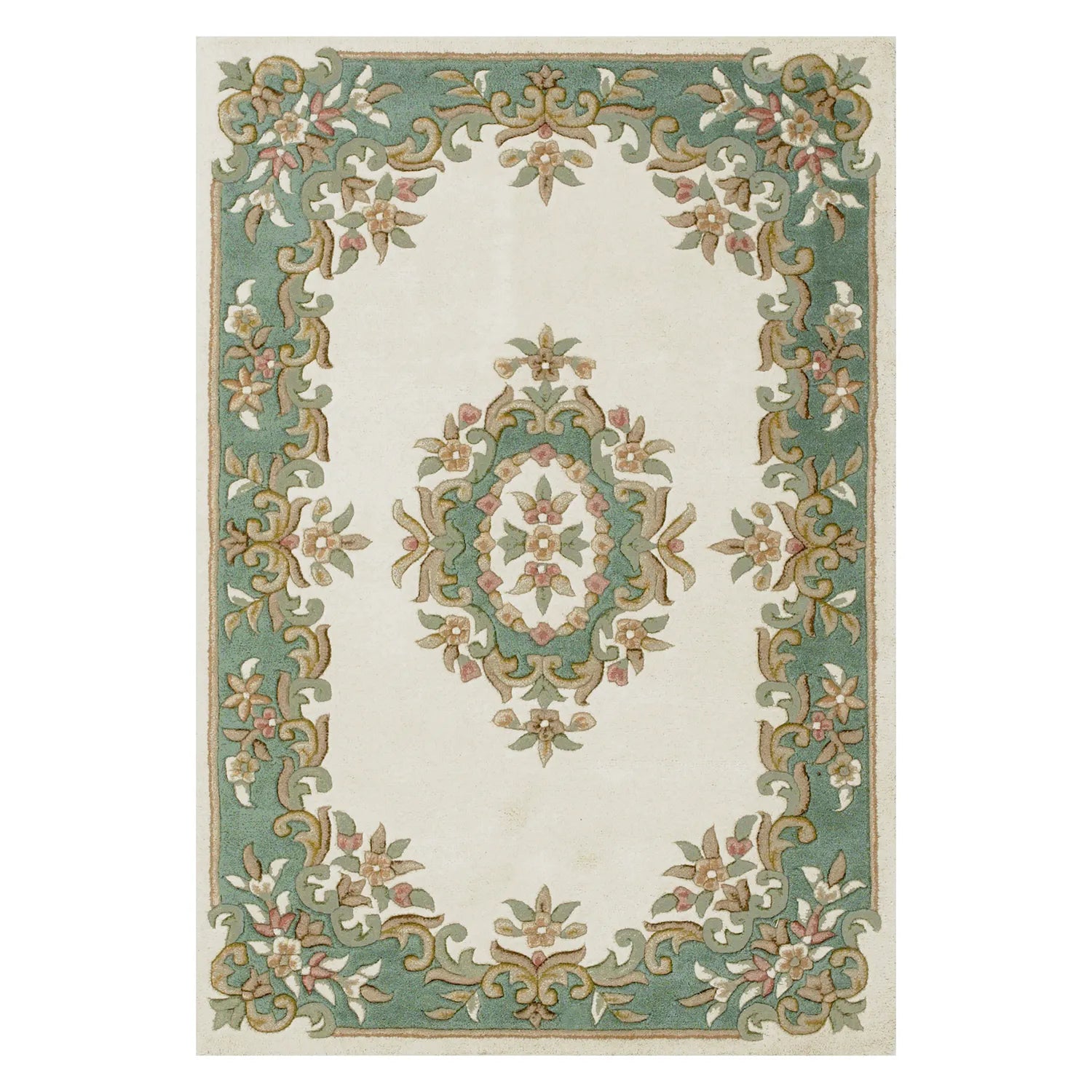 Royal Cream and Green Hand Tufted Wool Traditional Rug - Pendle Village Furniture