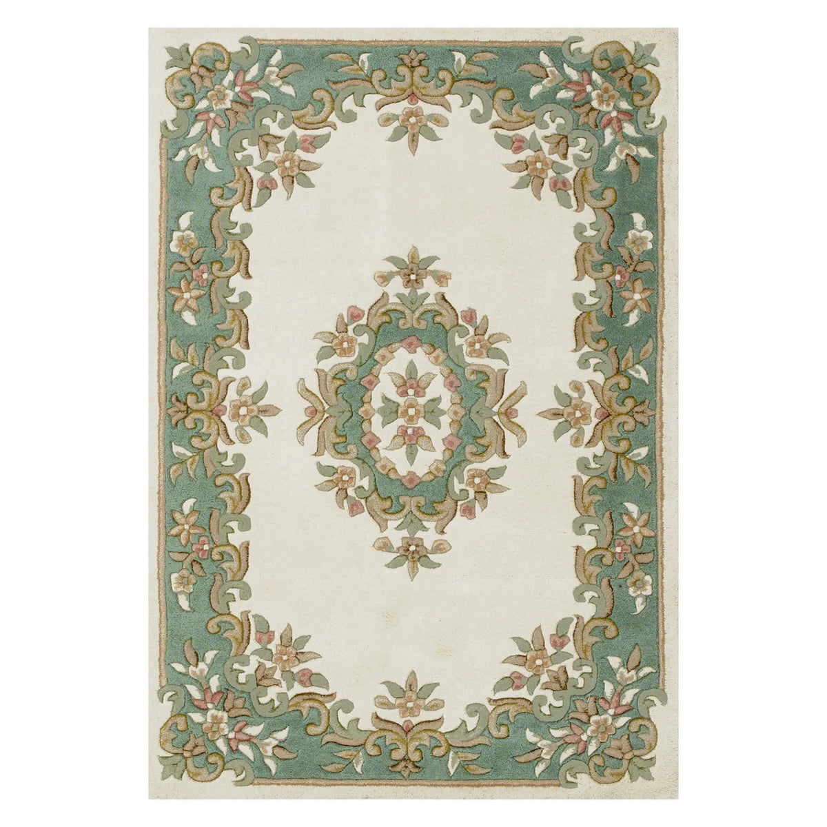 Royal Cream and Green Hand Tufted Wool Traditional Rug - Pendle Village Furniture