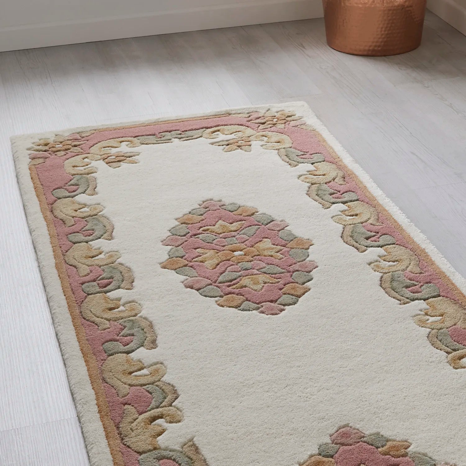 Royal Cream and Rose Hand Tufted Wool Traditional Runner Rug - Pendle Village Furniture
