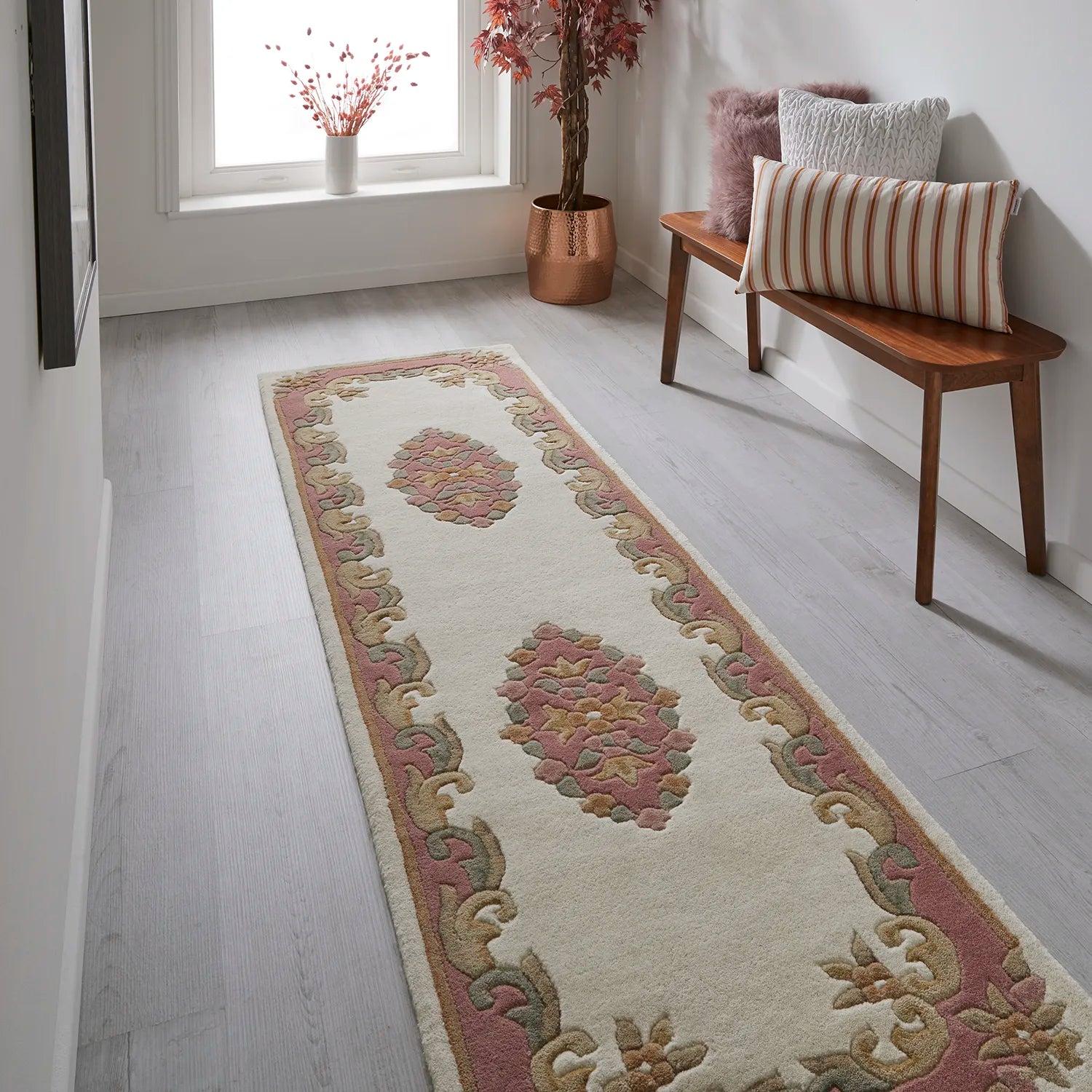 Royal Cream and Rose Hand Tufted Wool Traditional Runner Rug - Pendle Village Furniture