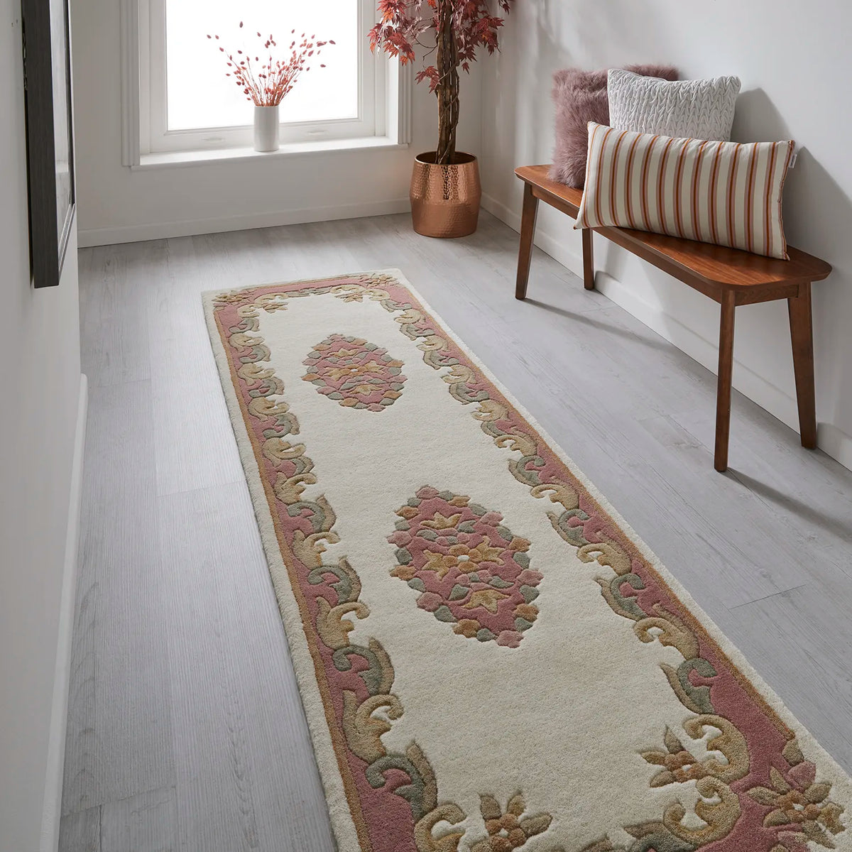 Royal Cream and Rose Hand Tufted Wool Traditional Runner Rug - Pendle Village Furniture
