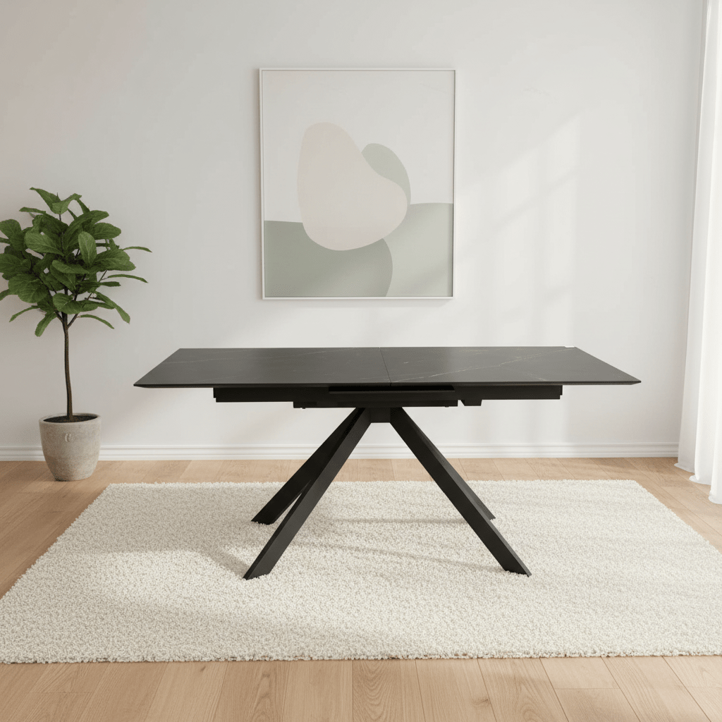 Black dining table in a room with a plant and abstract art on the wall.