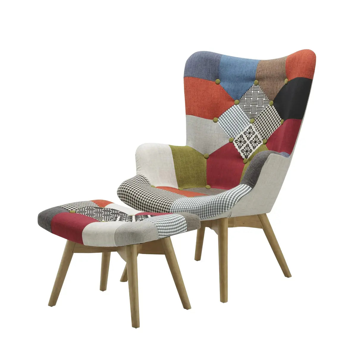 Edward Patchwork Multicolour Accent Living Room Chair with Stool - Angled Chair with Stool