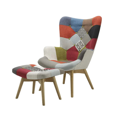 Edward Patchwork Multicolour Accent Living Room Chair with Stool - Angled Chair with Stool