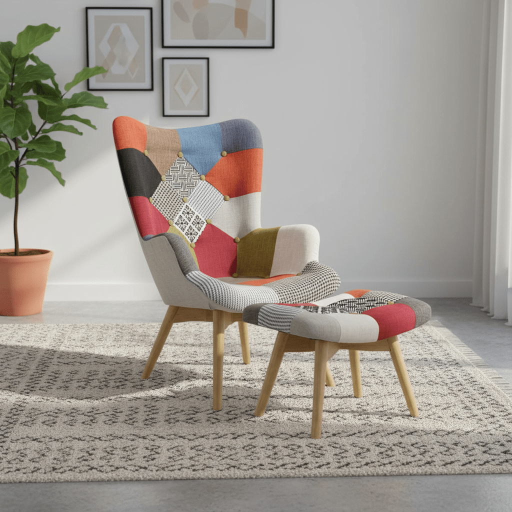 Edward Patchwork Multicolour Accent Living Room Chair with Stool
