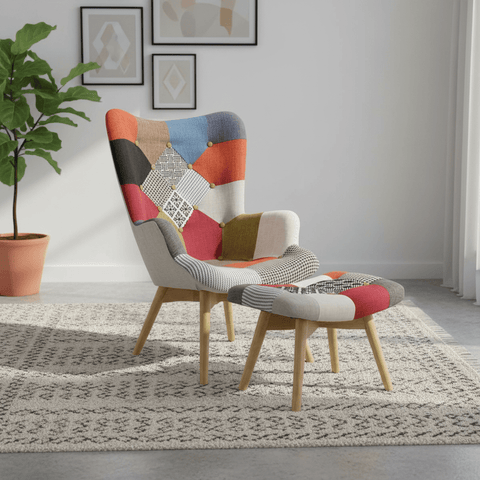 Edward Patchwork Multicolour Accent Living Room Chair with Stool
