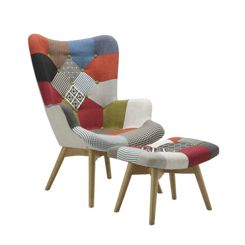 Edward Patchwork Multicolour Accent Living Room Chair with Stool - Main Image