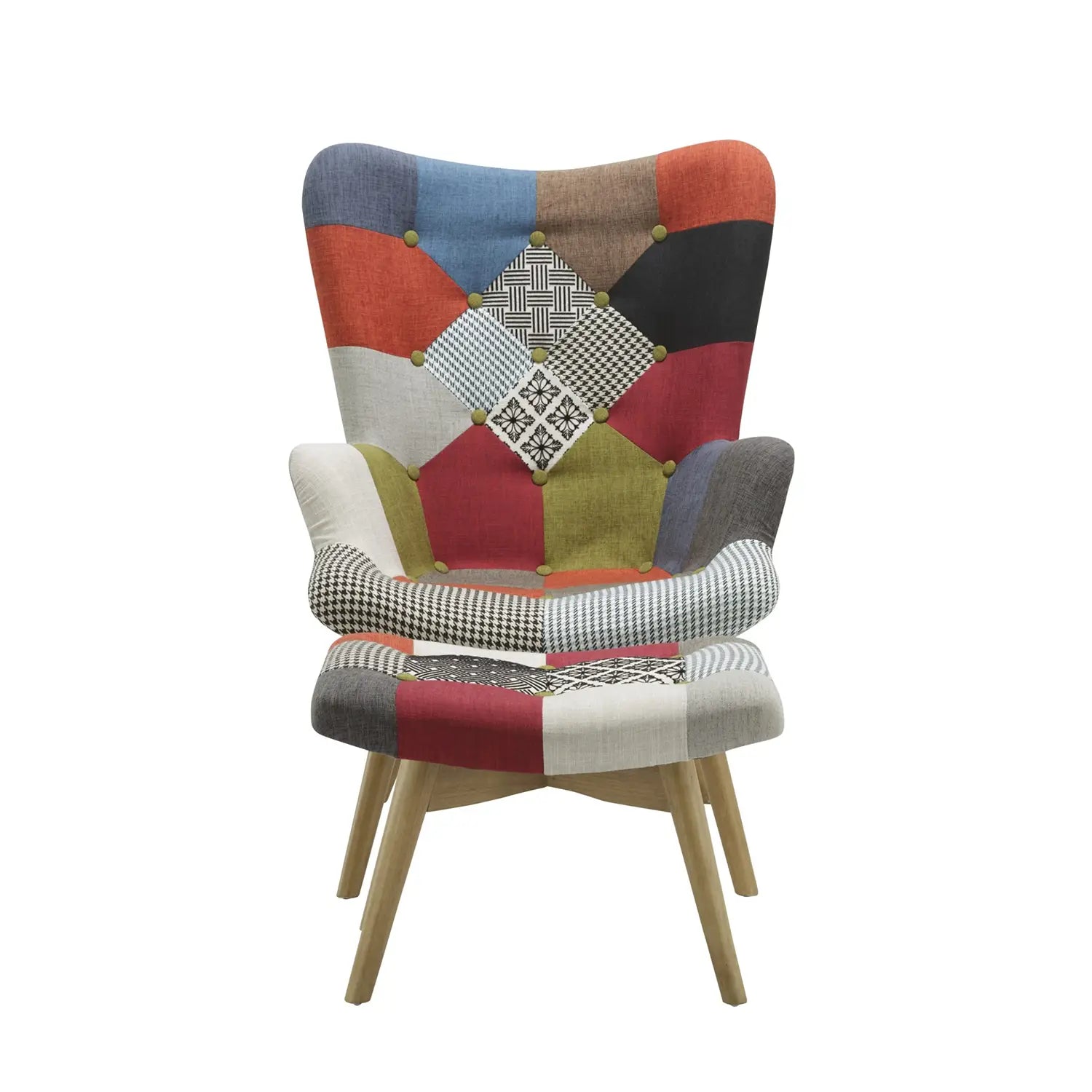 Edward Patchwork Multicolour Accent Living Room Chair with Stool - Front View 